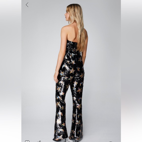 Nasty Gal Premium Star Bandeau Flare Black Sequin Strapless Flare Jumpsuit 10 - Picture 11 of 12